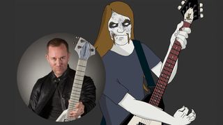 Guitarist Brendon Small is shown in a circle next to Toki, the rhythm guitarist from Dethklok