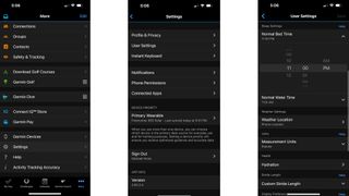 Screenshots showing the More menu, Settings menu, and User Settings menu in the Garmin Connect app.