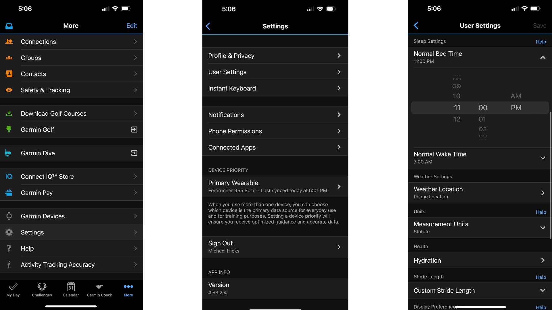Capturas de tela mostrando o menu Mais, o menu Configurações e o menu Configurações do usuário no aplicativo Garmin Connect.