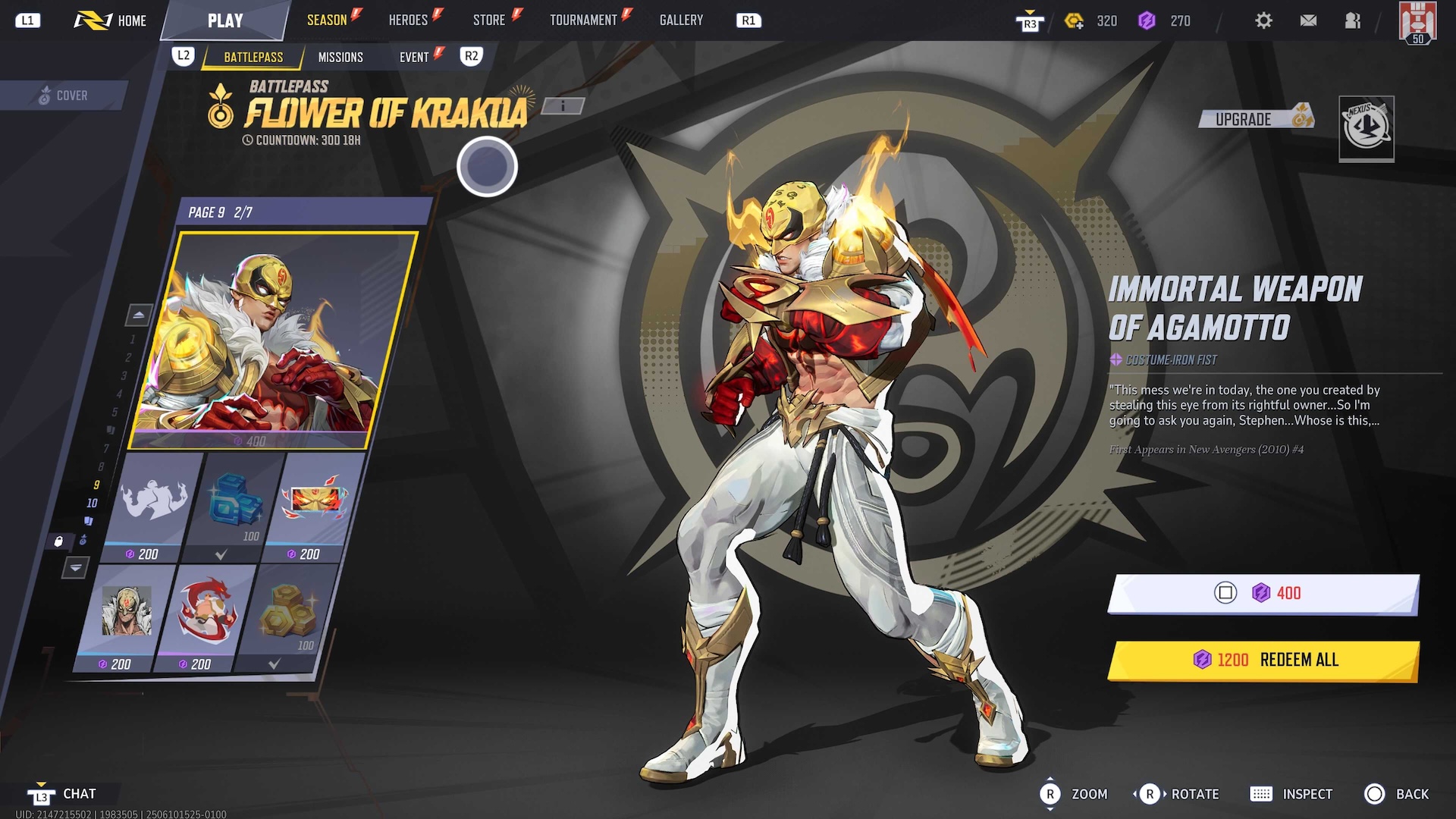 The Battle Pass menu in Marvel Rivals, with Iron Fists's Immortal Weapon of Agamotto skin shown