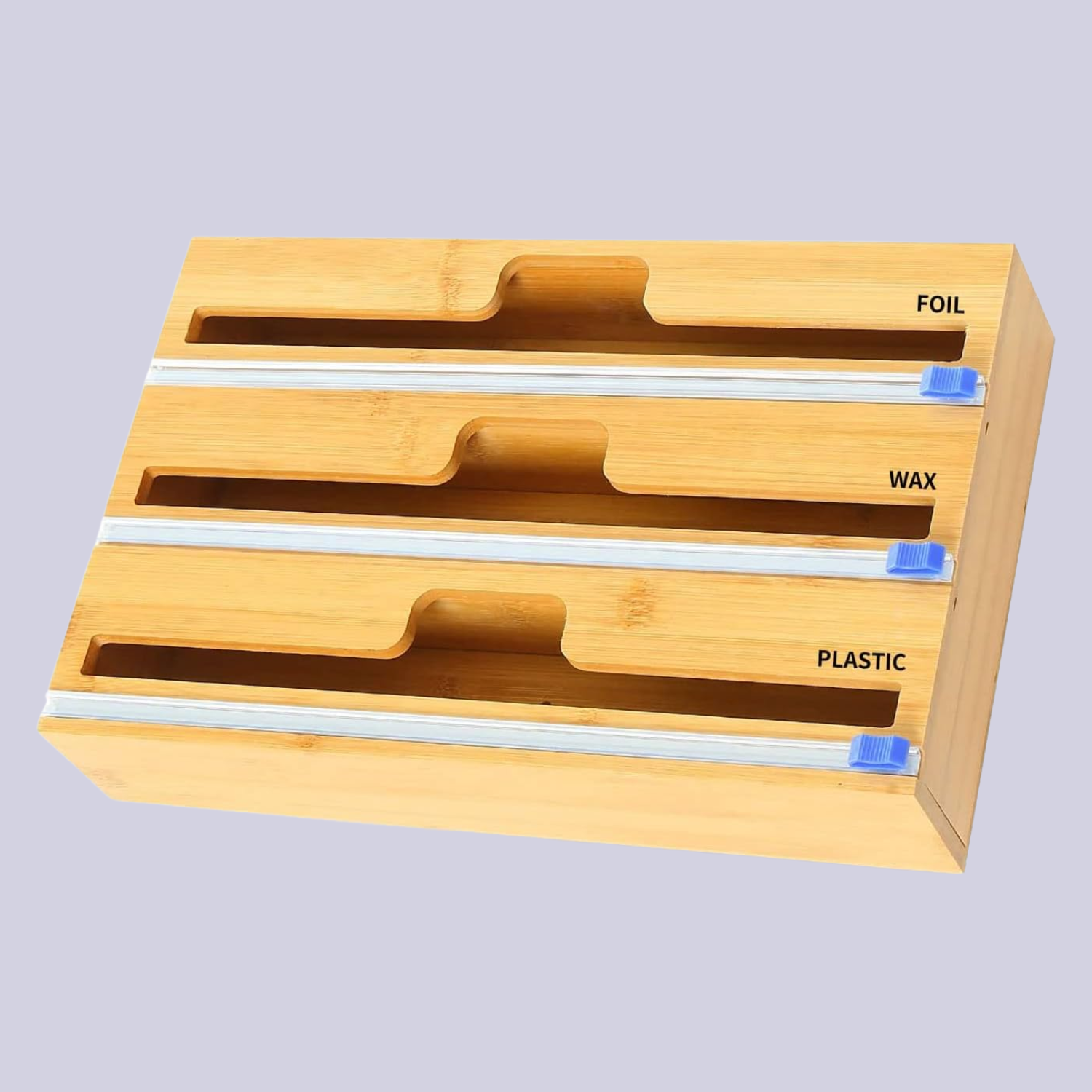 A wood foil and plastic holder against a lilac backdrop