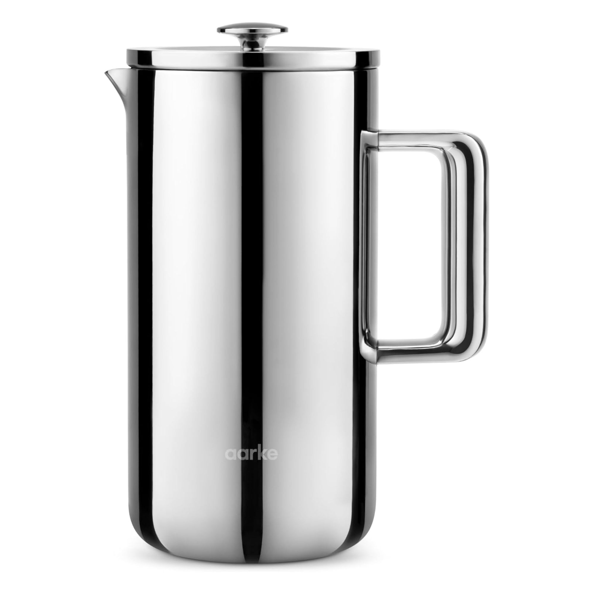 A stainless steel French press with aarke written on the front in small white font.