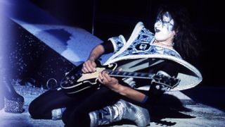 Photo of Ace FREHLEY and KISS; Ace Frehley performing live on stage, playing Gibson Les Paul guitar