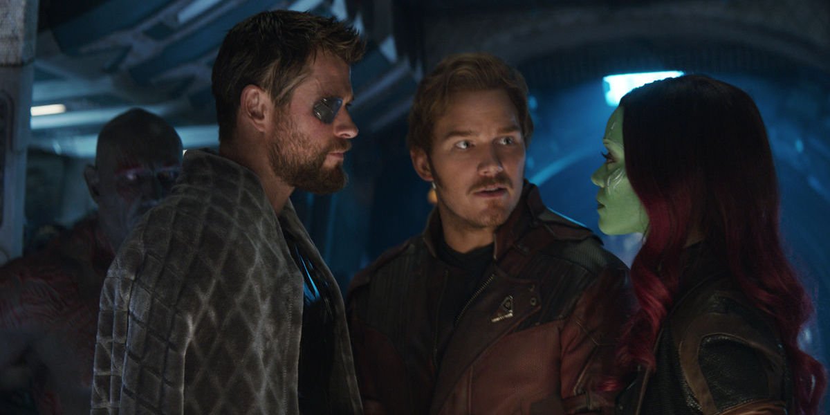 Chris Hemsworth&#039;s Thor, Chris Pratt&#039;s Starlord and Zoe Saldana&#039;s Gamora in Avengers: Infinity War