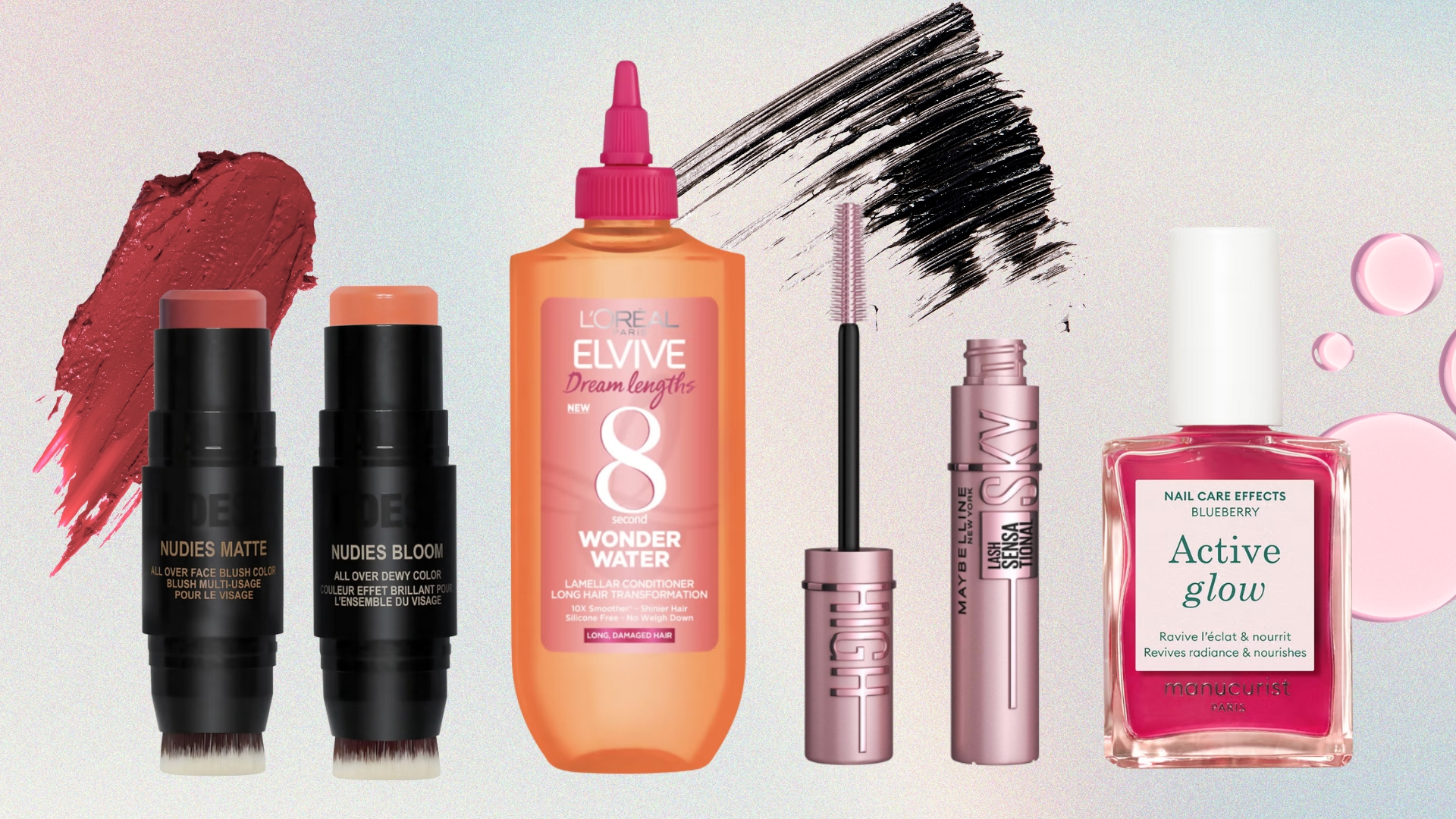 A collage of products from the Look Fantastic deals including a NUDESTIX duo set, L&#039;Oreal Paris&#039; Wonder Water, the Maybelline Lash Sensational Sky High Mascara and Manucurist&#039;s Active Glow in Blueberry/ all featured on a blue, pink and yellow gradient template with an array of makeup and nail polish product swatches