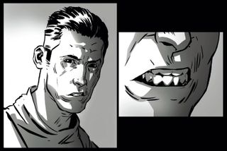 Two frames show a man with a straight face, then a close up of him baring his teeth in aggression
