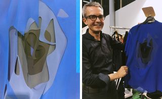 Left, a close up of a plywood sculpture-inspired design. Right, creative director Albert Kriemler backstage at the Akris