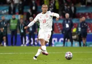 Thiago Alcantara scores a penalty for Spain in the shootout against Italy in the semi-finals of Euro 2020.