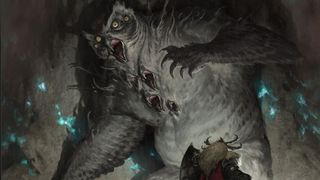 A monstrous owlbear with multiple beaks along its body rears back over a warrior with a sword and shield