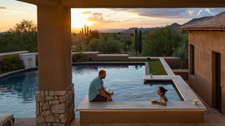 A man and woman siting at a luxurious pool with lighting solutions from Snap One.