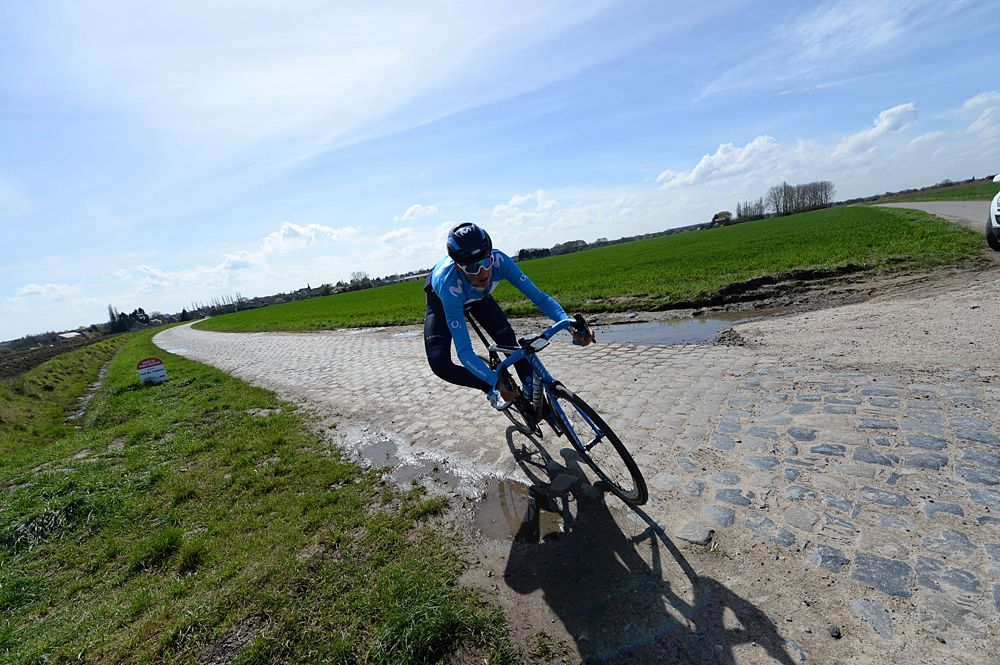 Mikel Landa - Movistar training on the Paris-Roubaix cobbles as recon for stage 9 at the Tour de France
