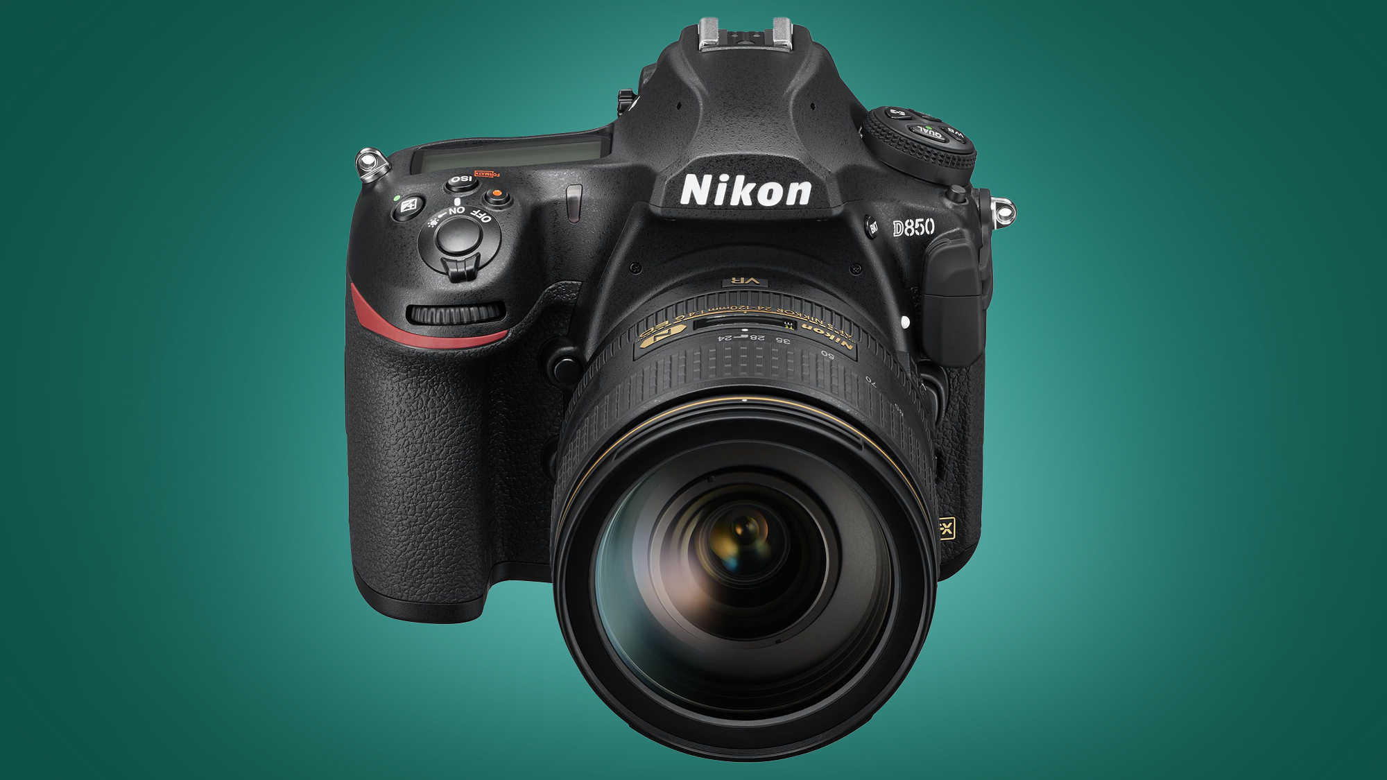 The NIkon D850 DSLR on a green background