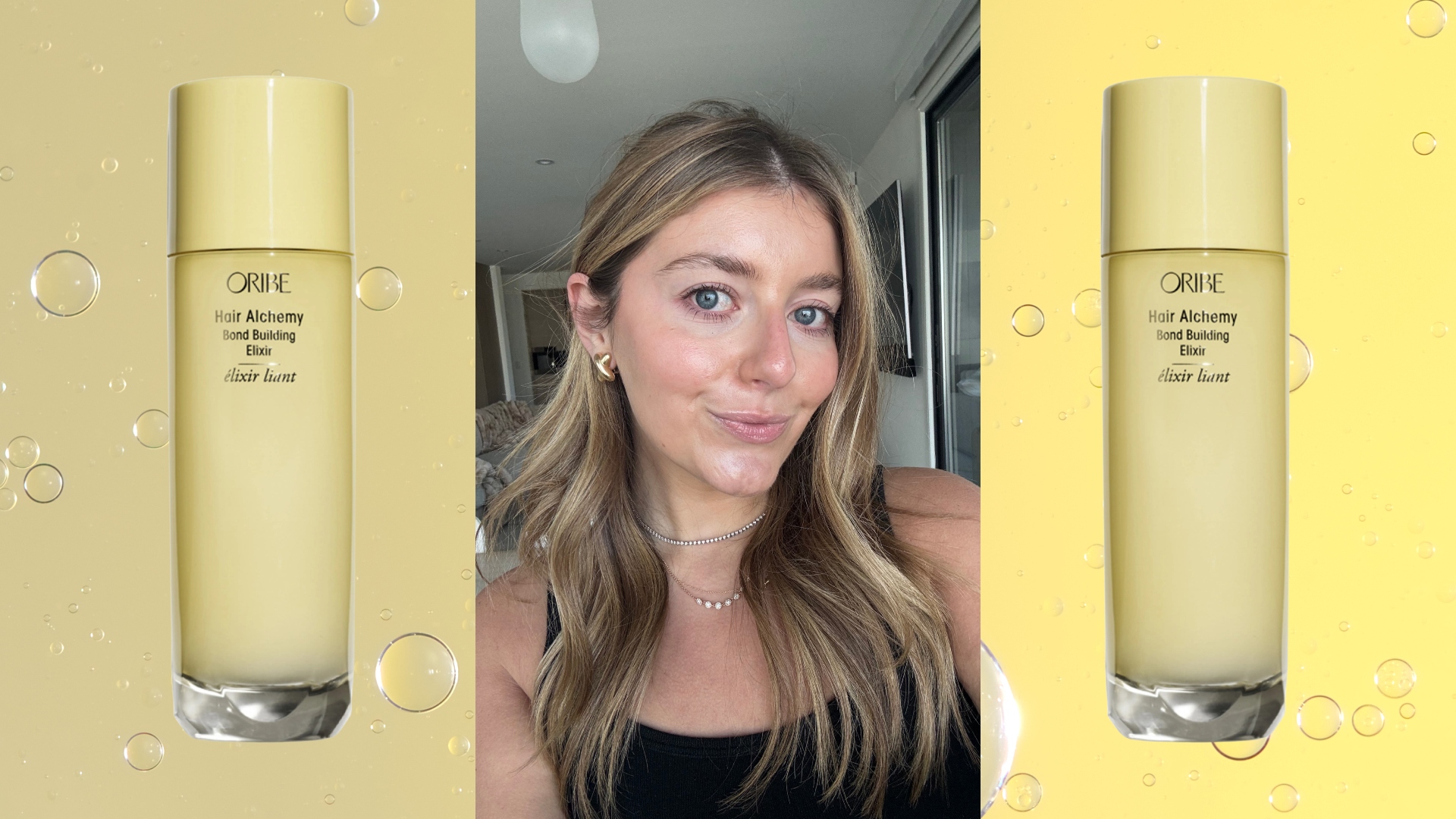 samantha holender taking a selfie on a yellow background next to a bottle of oribe hair alchemy elixir