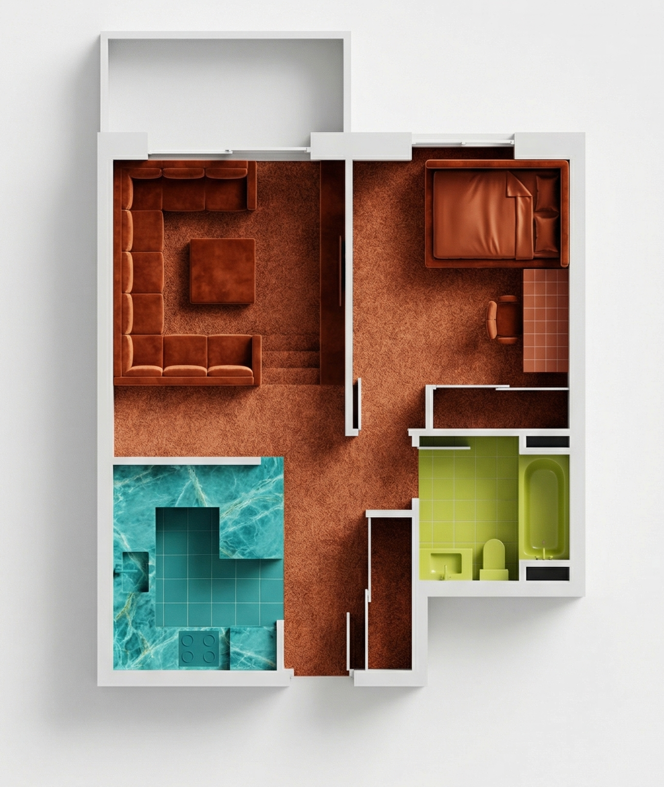 an ai floor plan with rust color carpets, and furniture in bedroom and living room, a teal kitchen, and a chartreuse green living room