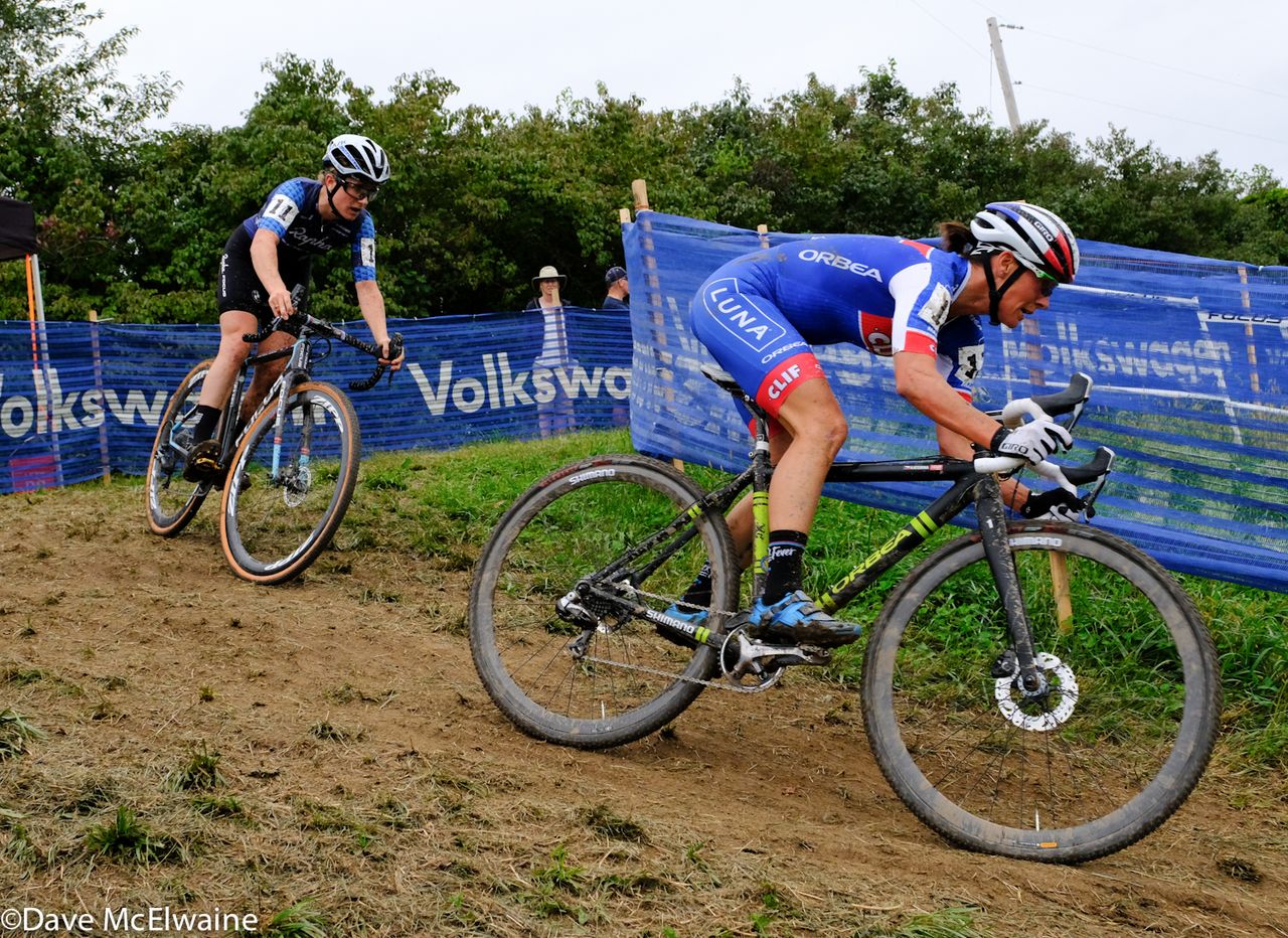 Katerina Nash (Cliff Pro Team) leading Ellen Noble on the descent off Mt. Krumpit