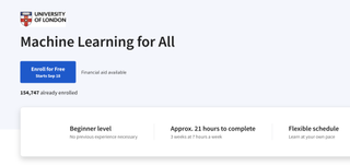A screenshot of the Coursera website advertising the 'Machine Learning for All' course