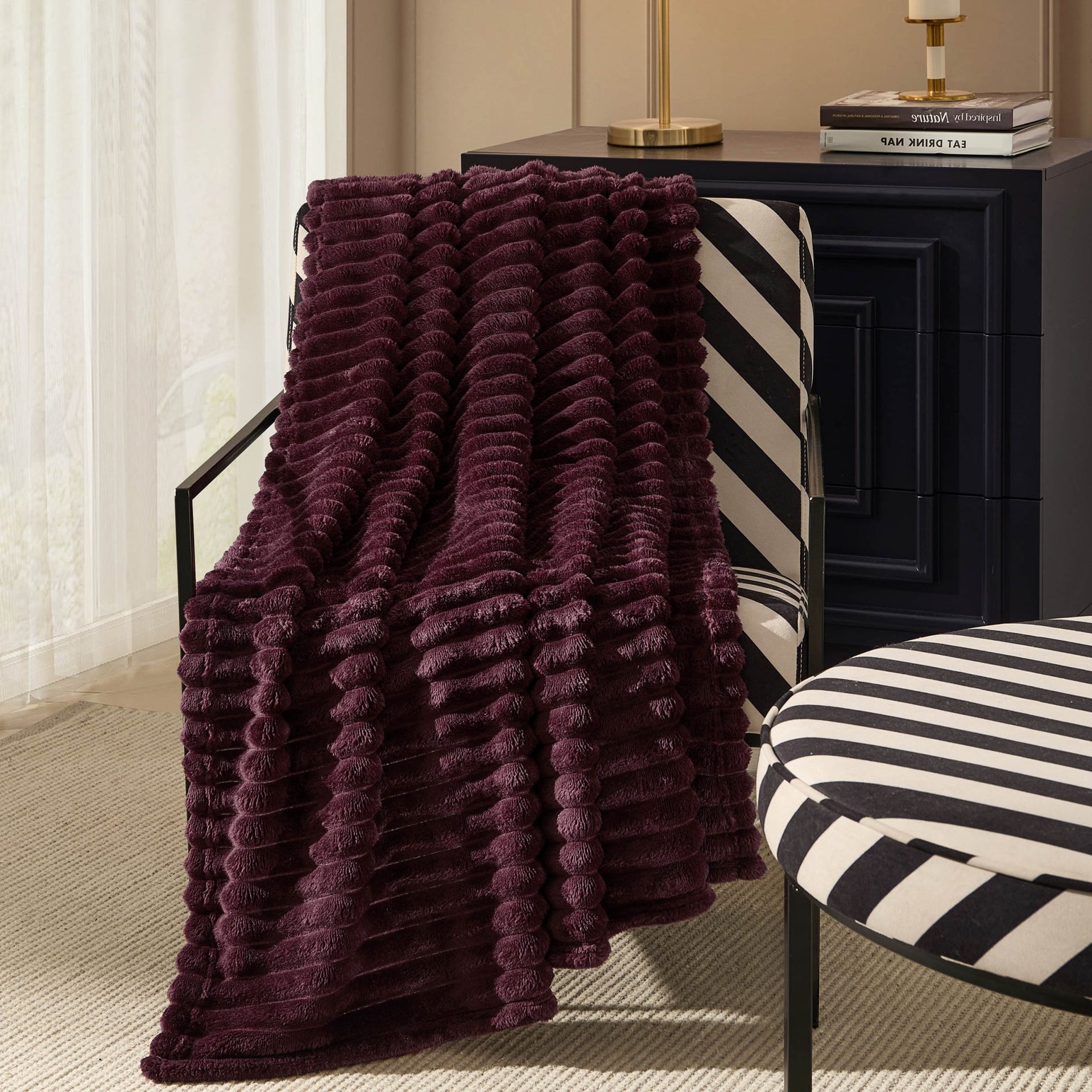 Ribbed Flannel Faux Fur Sofa Throw - Aubergine