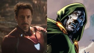 Robert Downey Jr as Iron Man in Avengers: Infinity War/Doctor Doom in Marvel Comics