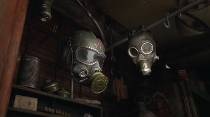 Two gas masks hang on a metal line in post-apocalyptic action FPS, Metro 2039