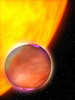 This artist's rendition of a planet larger than Jupiter reveals its close proximity to its parent star, which puts it in range of violent solar flares that dramatically increase the temperature of its outer atmosphere.