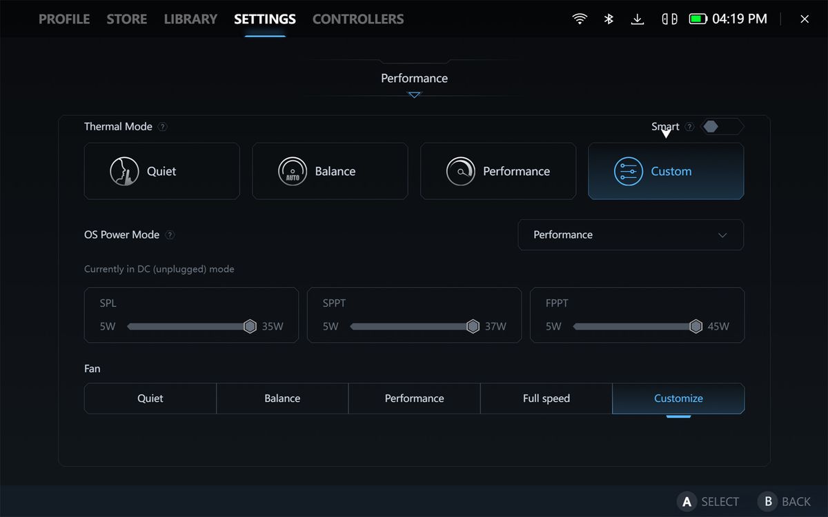 A screenshot of the Legion Space program showing the performance settings options.