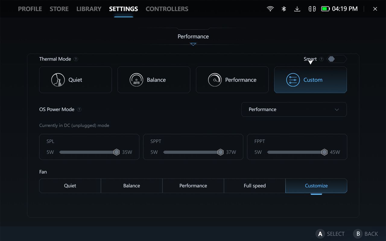 A screenshot of the Legion Space program showing the performance settings options.