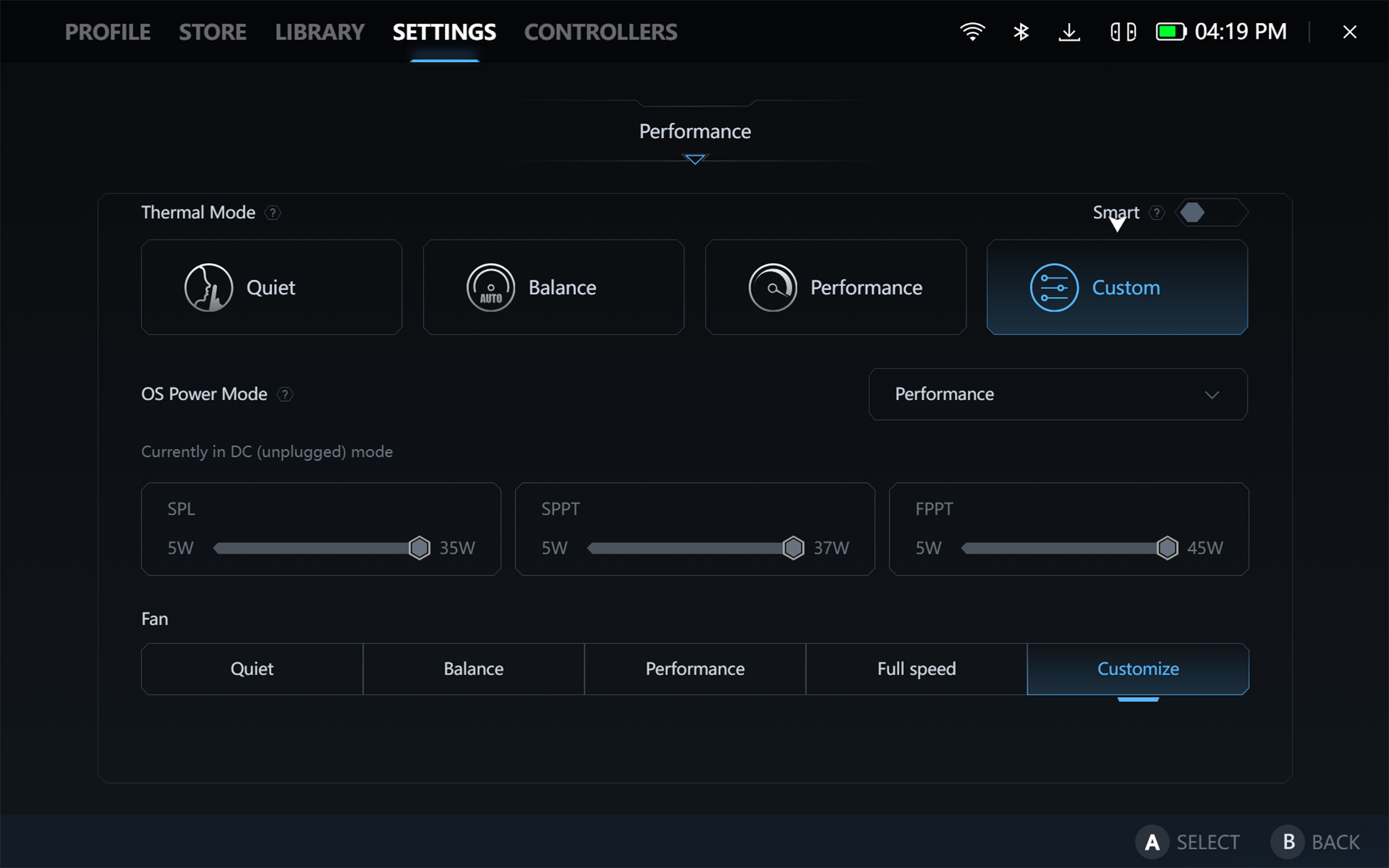 A screenshot of the Legion Space program showing the performance settings options. 
