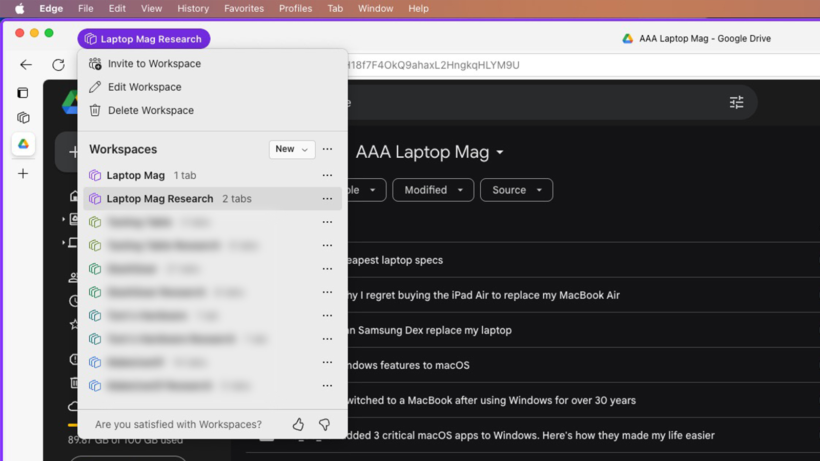 The Workspaces Feature on the Microsoft Edge browser.