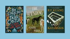 Book covers of ‘The Magician of Tiger Castle’ by Louis Sachar, ‘The Hounding’ by Xenobe Purvis, and ‘Katabasis’ by R.F. Kuang