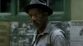 Morgan Freeman wearing a hat and staring upward in Million Dollar Baby