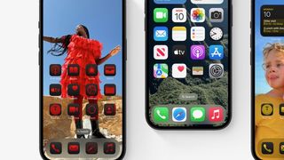 Three iPhones showing customised homescreen layouts.