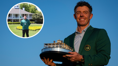 Rory McIlroy poses with The Masters trophy, with a picture of Matt Cradock in a circle