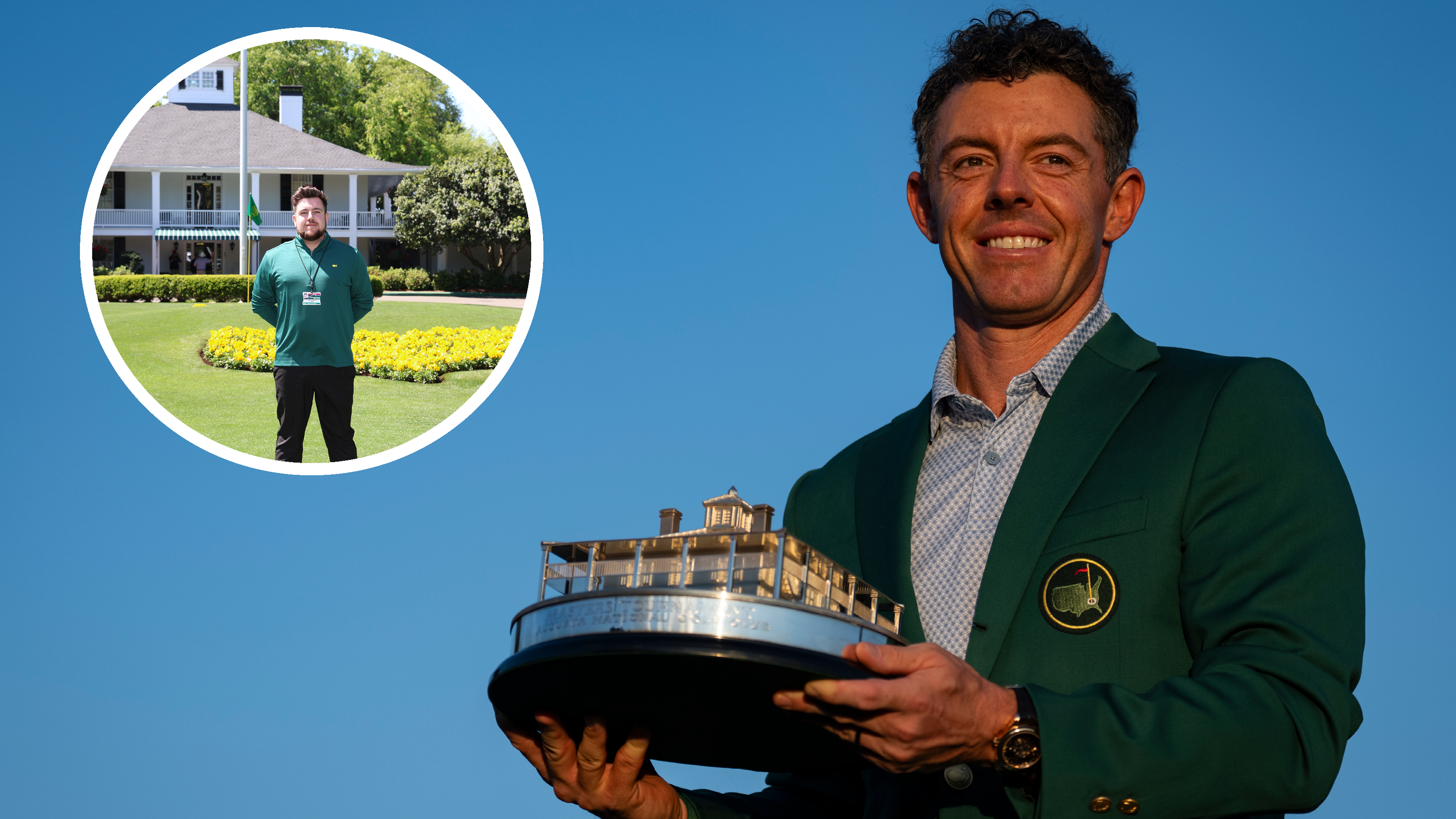 Rory McIlroy poses with The Masters trophy, with a picture of Matt Cradock in a circle