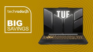 ASUS TUF Gaming F16 budget laptop on yellow background with TechRadar big savings sign