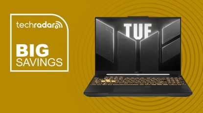 ASUS TUF Gaming F16 budget laptop on yellow background with TechRadar big savings sign