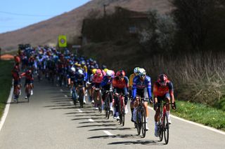 LABASTIDA SPAIN APRIL 03 LR Jimmy Janssens of Belgium and Team AlpecinDeceuninck and Brandon Rivera of Colombia and Team INEOS Grenadiers lead the peloton during the 2nd Itzulia Basque Country Stage 1 a 1654km stage from VitoriaGasteiz to Labastida 527m Itzulia2023 on April 03 2023 in Labastida Spain Photo by David RamosGetty Images