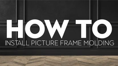 A graphic with the words 'How to install picture frame molding' in text with black wall decor and light herringbone effect floors