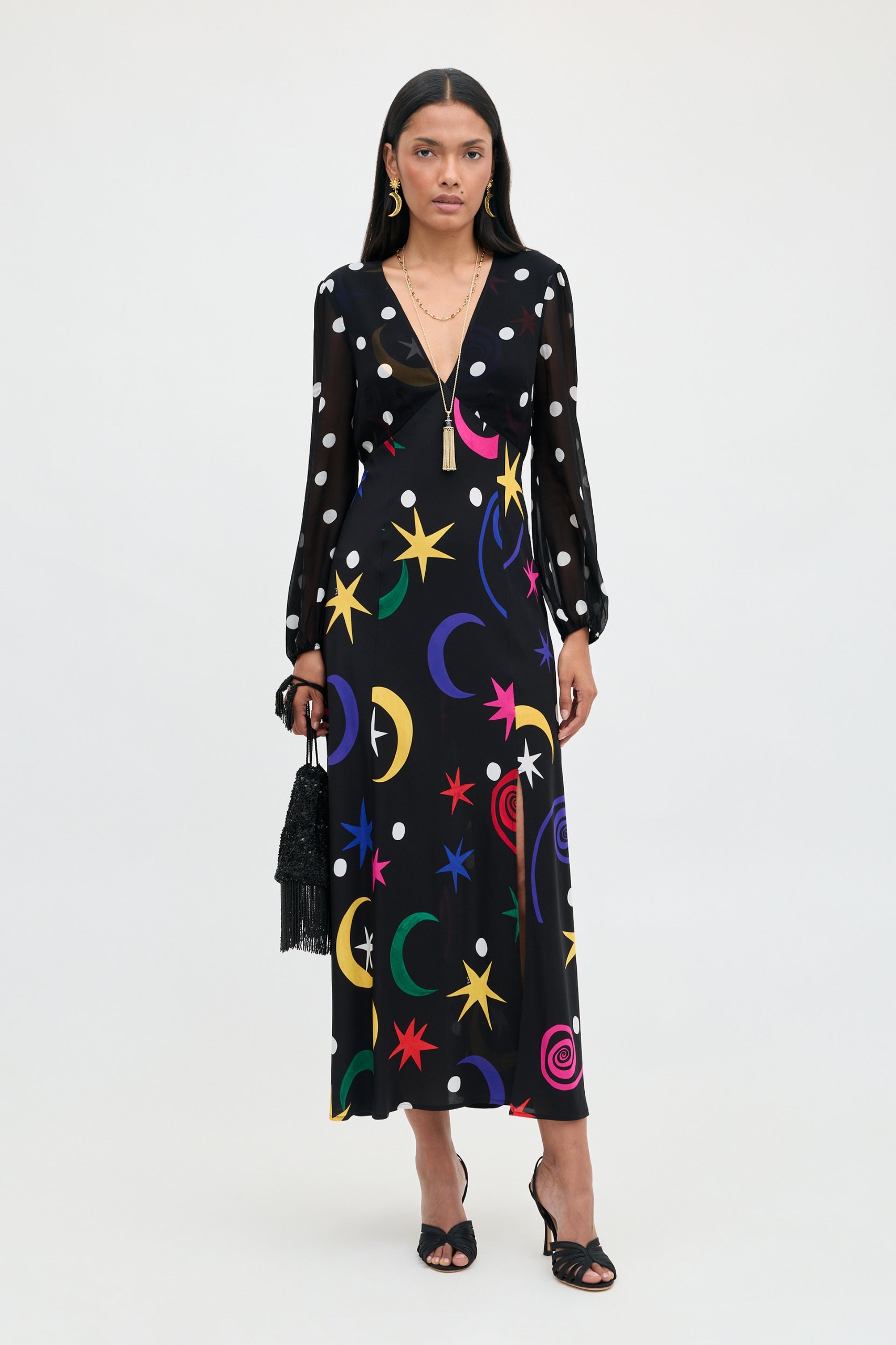 Melanie Silk Midi Dress in Star Dot Mix Multi