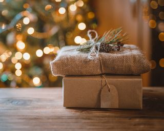 Gifts packaged with brown paper and hessian