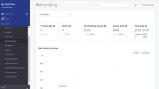 BigCommerce's user dashboard, with merchandising sales report tab open