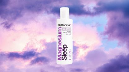 A magnesium lotion for sleep by BetterYou shown on a background of purple clouds