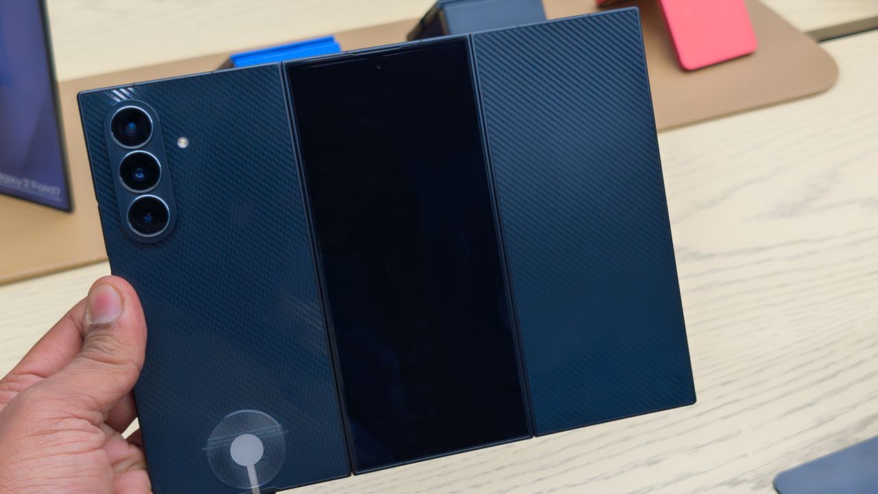 Samsung Galaxy Z TriFold on display at a Samsung store in Dubai Hills Mall, Dubai, UAE.