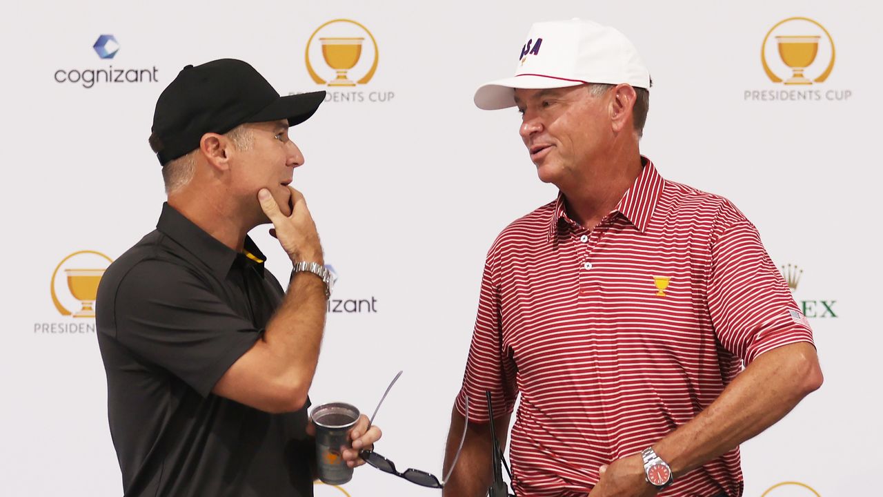 Trevor Immelman and Davis Love III speak at a press conference before the 2022 Presidents Cup