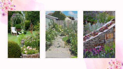 Various cottage garden ideas shown in real life yards including a stone wall, colorful planting and rose arbours