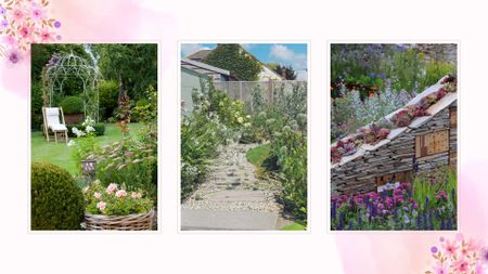 Various cottage garden ideas shown in real life yards including a stone wall, colorful planting and rose arbours