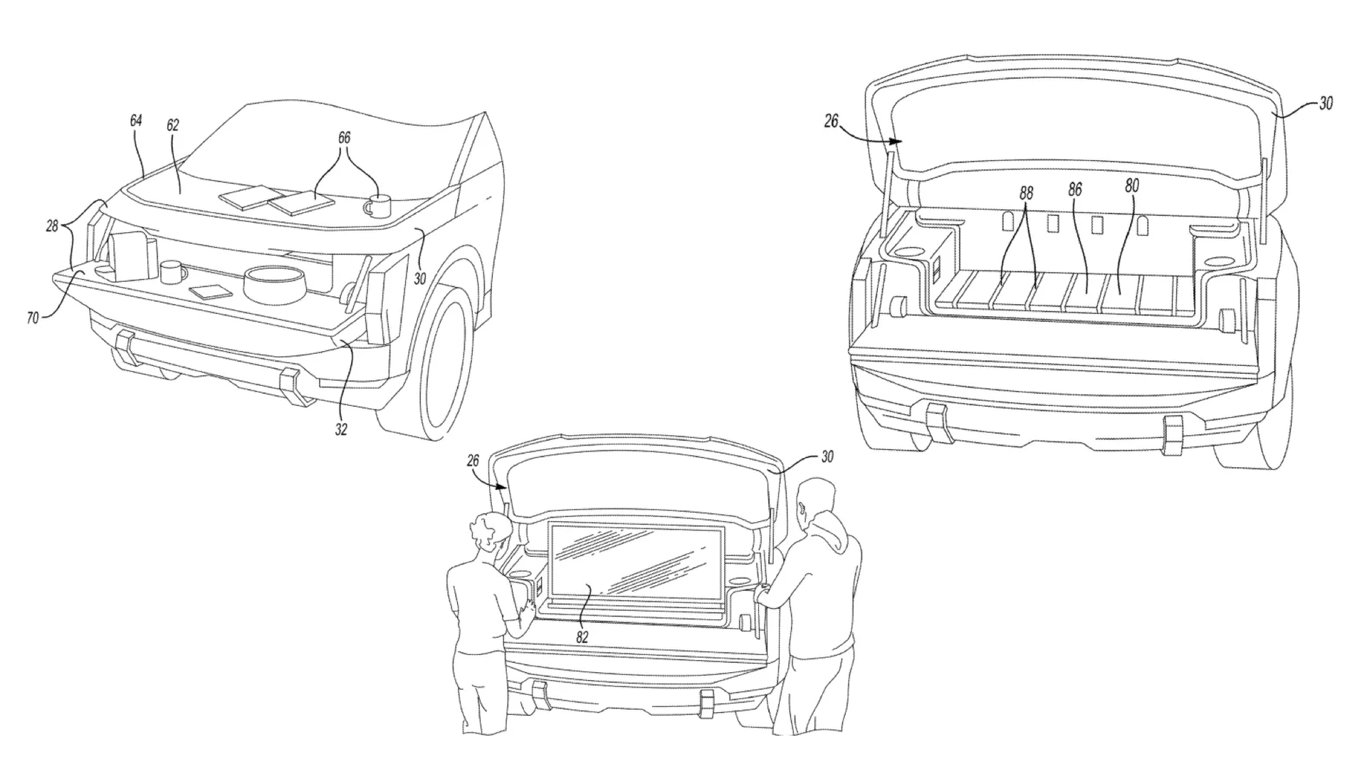 Patent images from Ford showing a multi-use front trunk, or frunk, in what's believed to be the 2027 Ford Fathom