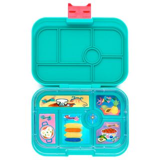 green colour lunch box with stickers