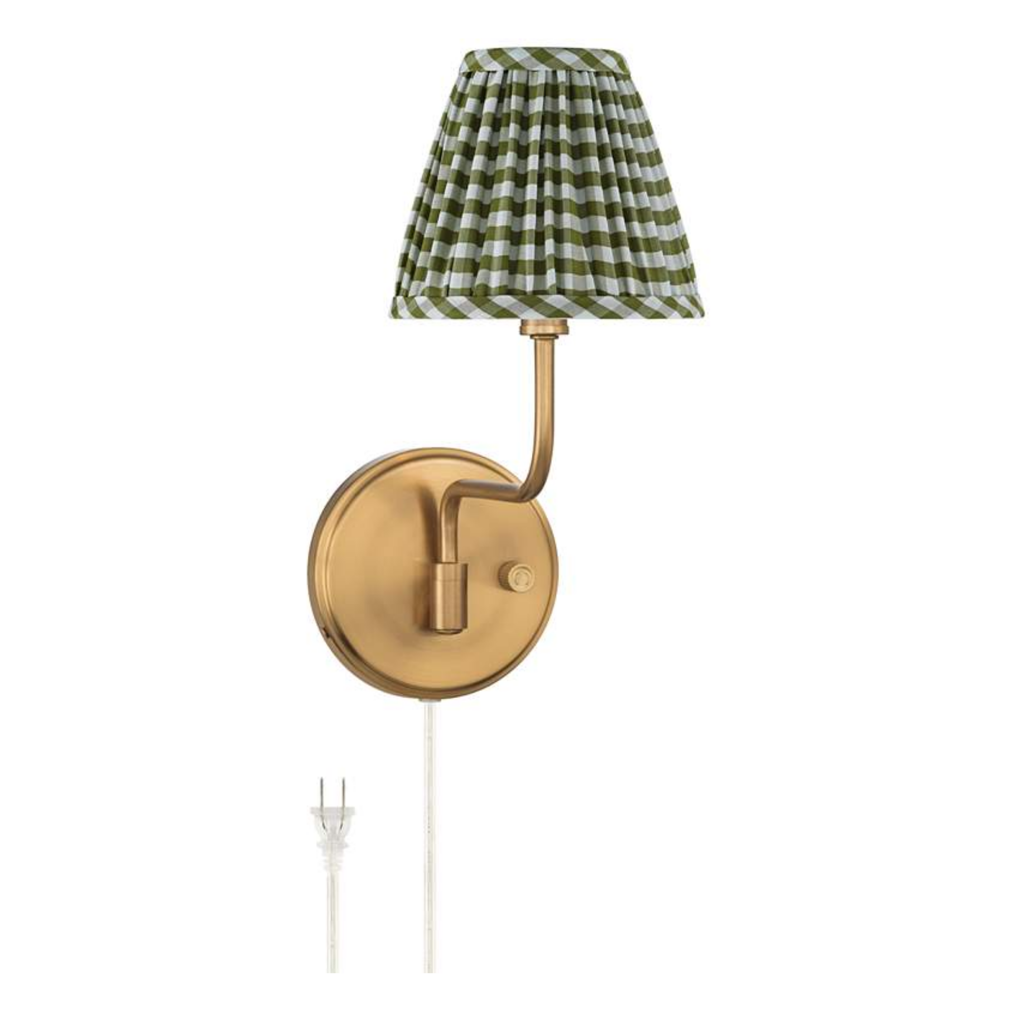 a plug in sconce with a gingham shade