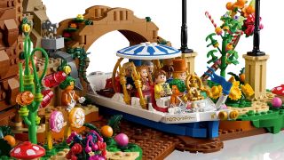 A close up of the Willy Wonka LEGO set featuring the boat and some of the candy garden