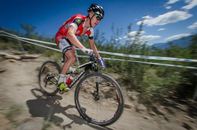 Benjamin Sonntag (Stans) lets it rip on a tricky descent during the second lap of the elite men's cross country race.